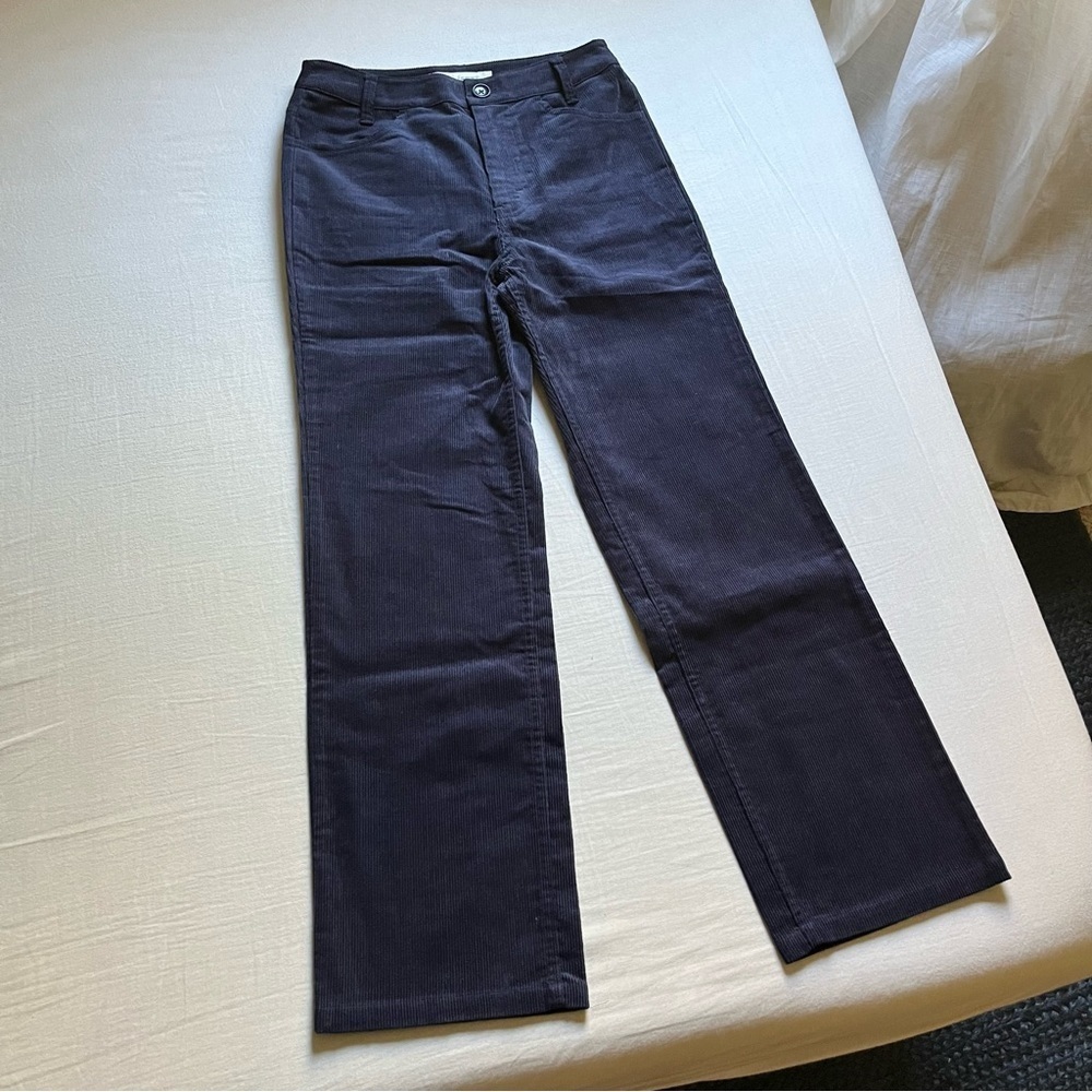 Entireworld. Navy blue corduroy straight slim leg cropped pants
